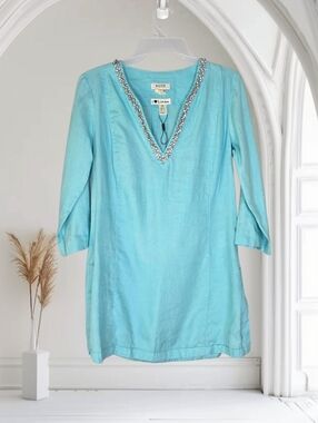 Malvin Hamburg-Germany 100% Linen Embellished V-Neck Light Blue Tunic Sz Medium